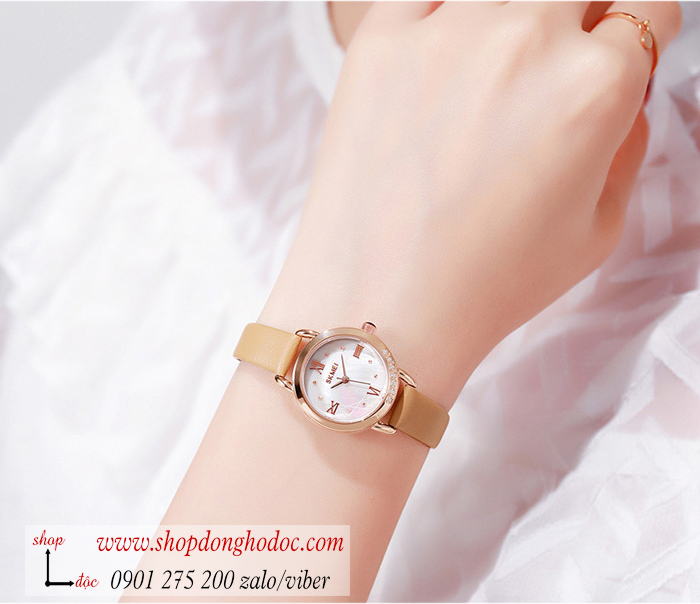 Đồng hồ nữ Skmei dây da mặt tròn size nhỏ vàng kem thời trang ĐHĐ37102